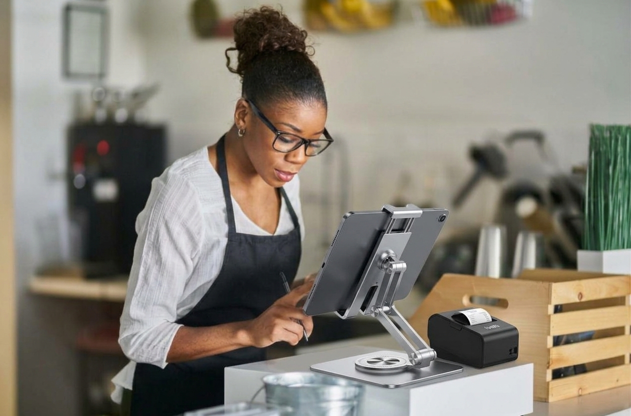 A store owner entering an order on a tablet till at her counter